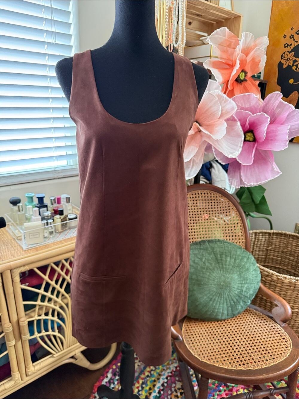 Zara Brown Vegan Suede Sleeveless Earthy Boho Hippie Pocahontas Mini Dress